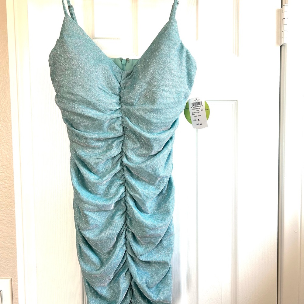 ✨NEW WITH TAGS✨ Sparkly Blue Ruched Mini Dress With Spaghetti Straps 🩵🩵🩵